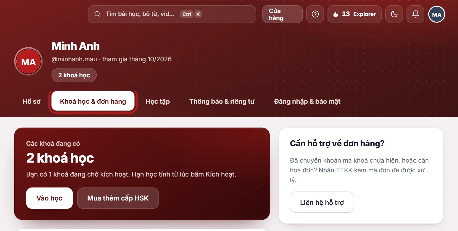 Trang Tài khoản, mục Khoá học & đơn hàng được khoanh