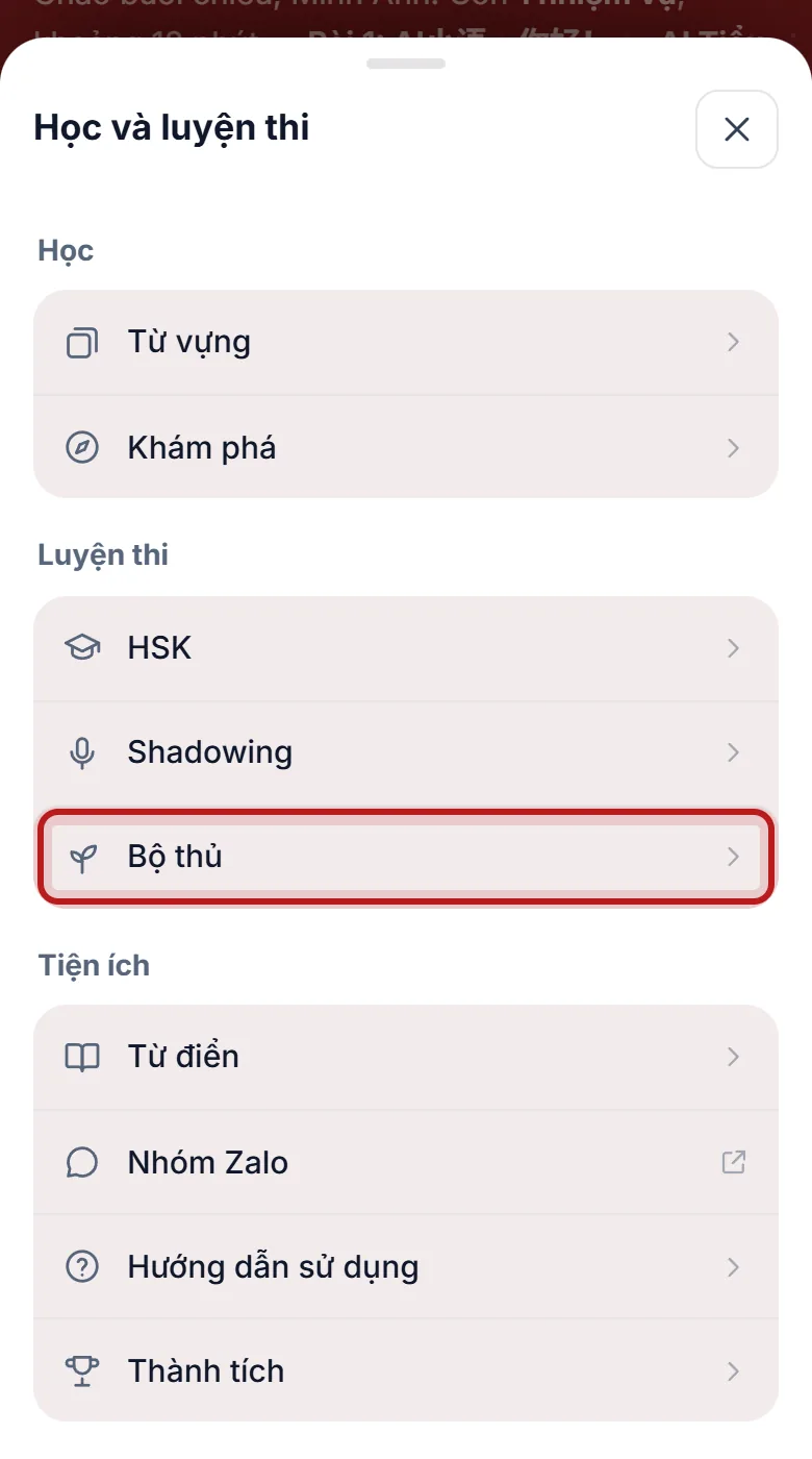 Mục Bộ thủ trong danh sách Học được khoanh
