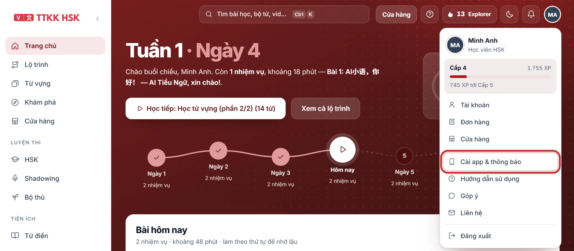 Menu tài khoản, mục Cài app & thông báo được khoanh