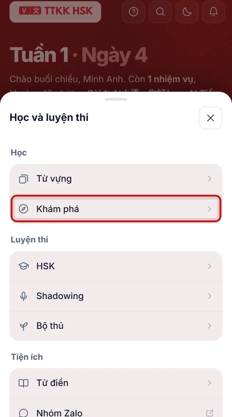 Mục Khám phá trong danh sách Học được khoanh