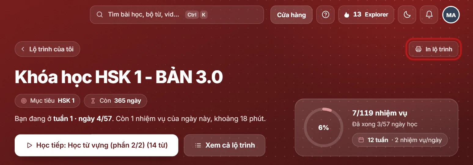 Nút In lộ trình được khoanh