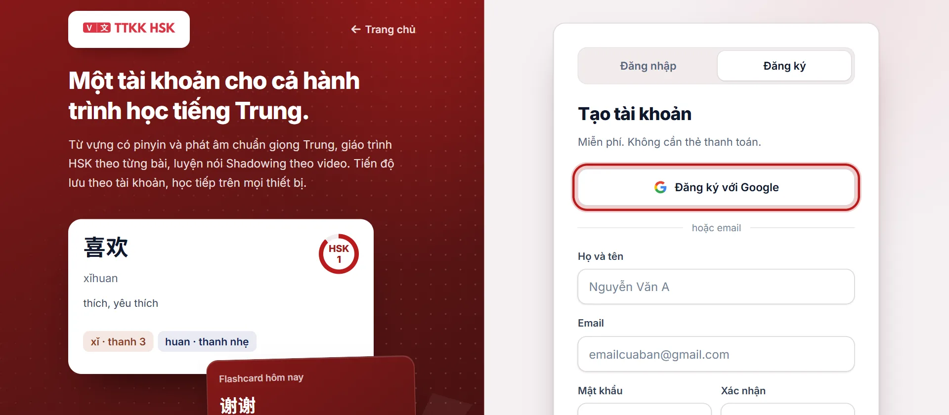 Trang đăng ký, nút đăng nhập với Google được khoanh