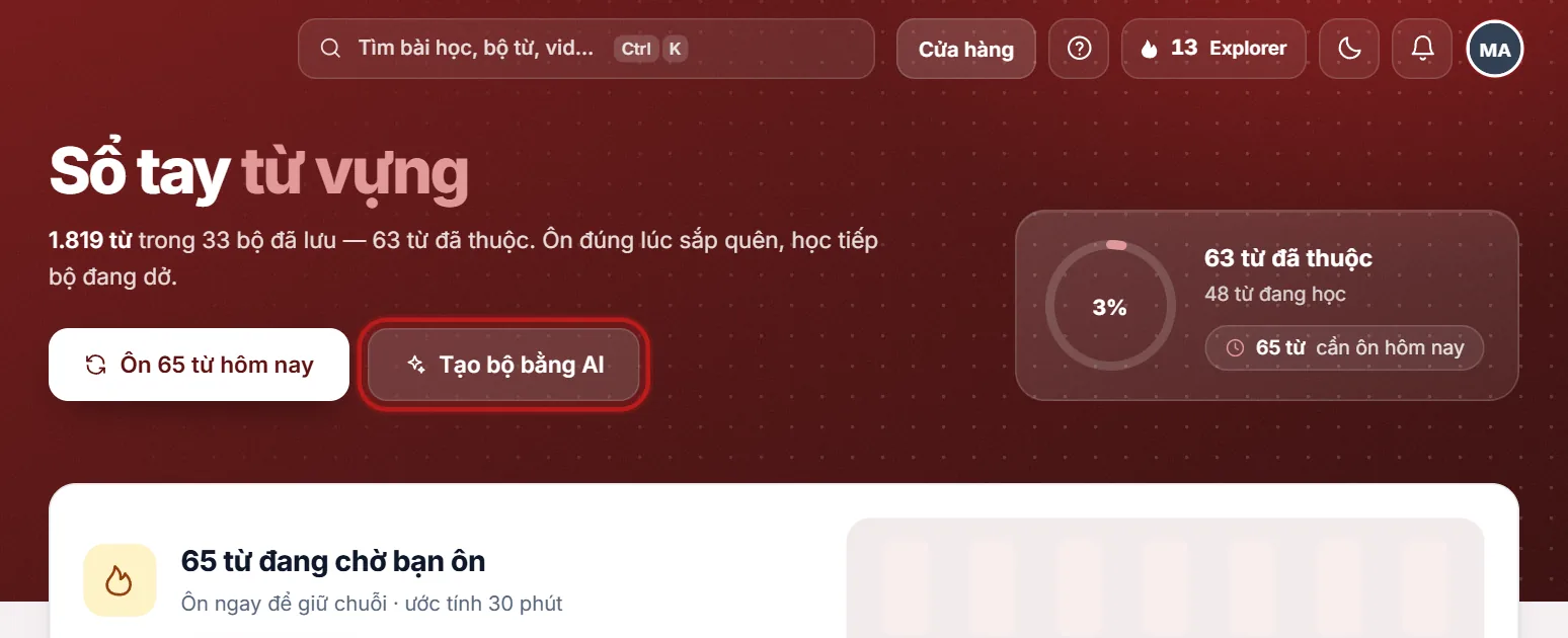 Trang Từ vựng, nút Tạo bộ bằng AI được khoanh