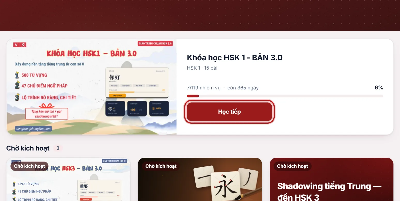 Thẻ lộ trình, nút Học tiếp được khoanh