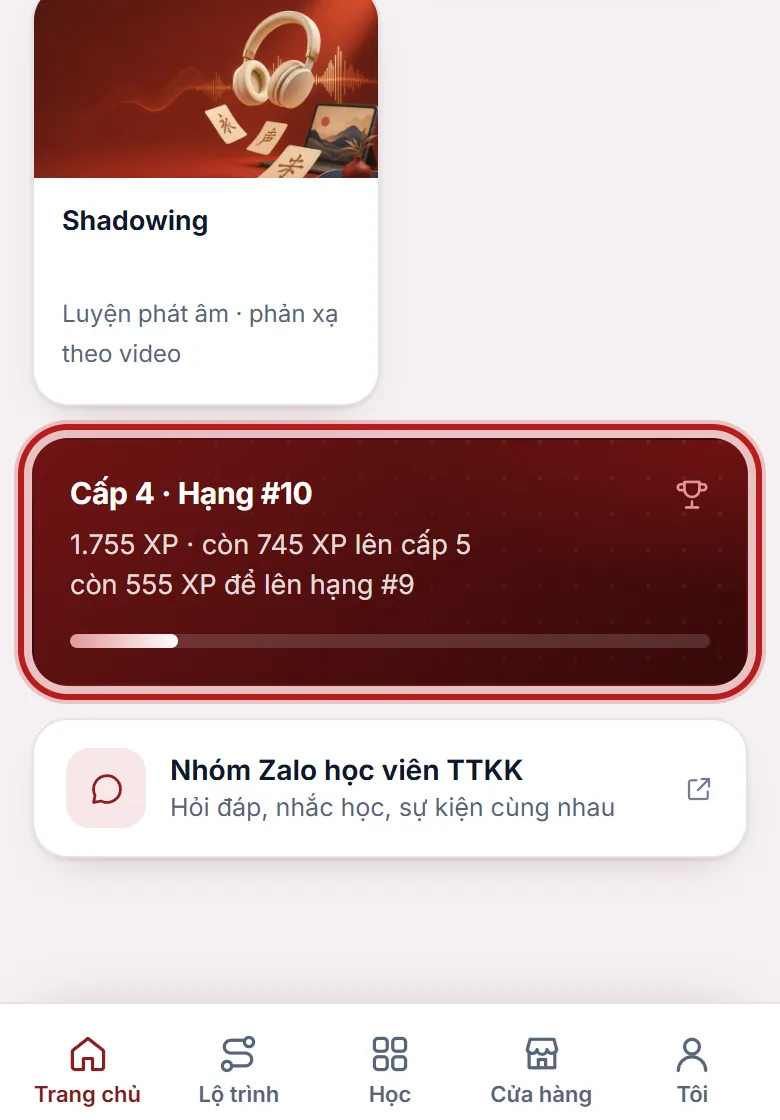 Thẻ Cấp · Hạng ở trang chủ được khoanh