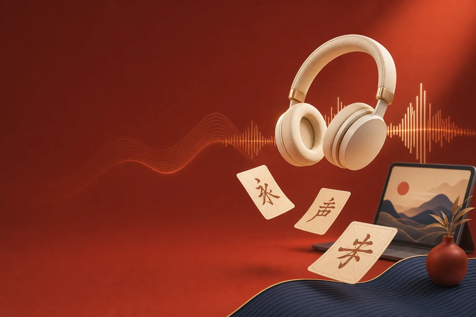 Minh hoạ gói Shadowing tiếng Trung với tai nghe, sóng âm và thẻ chữ Hán